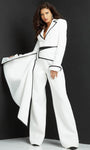 V-neck Belted Floor Length Contrast Trim Collared Notched Collar Plunging Neck Long Sleeves Natural Waistline Jumpsuit