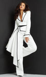 V-neck Natural Waistline Collared Notched Collar Plunging Neck Long Sleeves Contrast Trim Belted Floor Length Jumpsuit