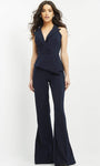 V-neck Floor Length Natural Waistline Collared Plunging Neck Sleeveless Crepe Asymmetric Button Front Peplum Jumpsuit