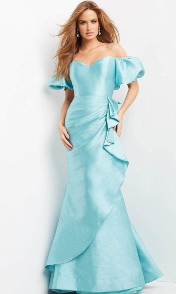 Floor Length Mermaid Natural Waistline Puff Sleeves Short Sleeves Sleeves Off the Shoulder Asymmetric Draped Pleated Back Zipper Open-Back Sweetheart Evening Dress With Ruffles