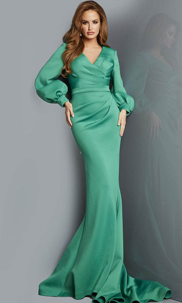 Sophisticated V-neck Fitted Slit Pleated Natural Waistline Floor Length Bishop Long Sleeves Sheath Sheath Dress/Evening Dress/Mother-of-the-Bride Dress