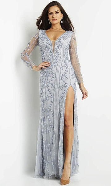 V-neck Plunging Neck Sheath Long Sleeves Natural Waistline Fitted Illusion Back Zipper Sheer Slit Beaded Sheath Dress/Evening Dress