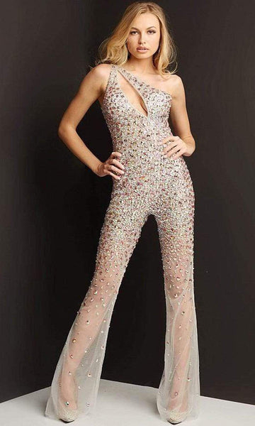 Keyhole Back Zipper Sequined Crystal Beaded Jeweled Asymmetric Fitted Sheer Natural Waistline One Shoulder Sleeveless Jumpsuit