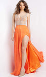 A-line V-neck Chiffon Plunging Neck Sleeveless Natural Waistline Beaded Open-Back Slit Jeweled Back Zipper Glittering Sheer Crystal Dress with a Brush/Sweep Train