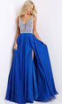 A-line V-neck Natural Waistline Chiffon Jeweled Crystal Open-Back Back Zipper Glittering Beaded Slit Sheer Sleeveless Plunging Neck Dress with a Brush/Sweep Train