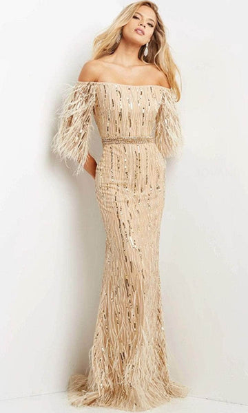 Elasticized Natural Waistline Floor Length Sheath 3/4 Sleeves Off the Shoulder Straight Neck Sequined Back Zipper Open-Back Beaded Sheath Dress/Evening Dress/Mother-of-the-Bride Dress with a Brush/Swe
