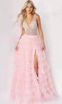 A-line V-neck Tulle Floor Length Natural Waistline Beaded Tiered Jeweled Sheer Slit Open-Back Dress with a Brush/Sweep Train