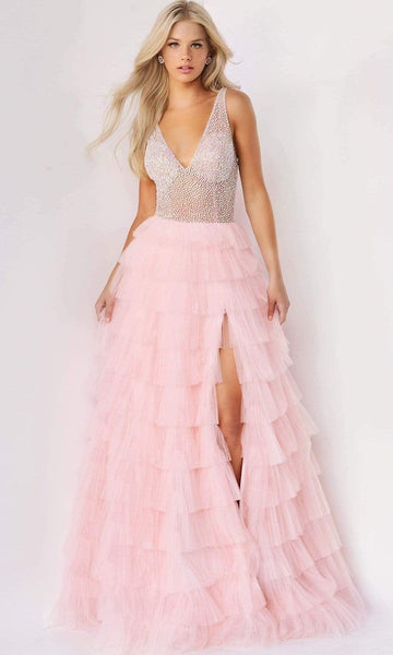 A-line V-neck Natural Waistline Tulle Slit Sheer Jeweled Open-Back Beaded Tiered Floor Length Dress with a Brush/Sweep Train