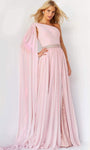 A-line One Shoulder Natural Waistline Chiffon Beaded Draped Slit Shirred Dress with a Brush/Sweep Train