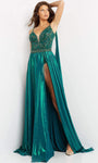 Tall Sexy Sophisticated A-line Floor Length Metallic Plunging Neck Sweetheart Sleeveless Spaghetti Strap Natural Waistline Slit Sheer Beaded Pleated Open-Back Evening Dress with a Brush/Sweep Train