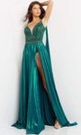 Tall Sexy Sophisticated A-line Metallic Floor Length Sleeveless Spaghetti Strap Pleated Open-Back Slit Beaded Sheer Natural Waistline Plunging Neck Sweetheart Evening Dress with a Brush/Sweep Train
