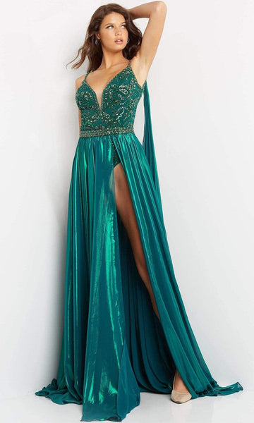 Tall Sexy Sophisticated A-line Metallic Floor Length Sleeveless Spaghetti Strap Pleated Open-Back Slit Beaded Sheer Natural Waistline Plunging Neck Sweetheart Evening Dress with a Brush/Sweep Train