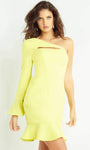 Short Asymmetric Cutout Bell Long Sleeves One Shoulder Natural Waistline Sheath Sheath Dress With Ruffles