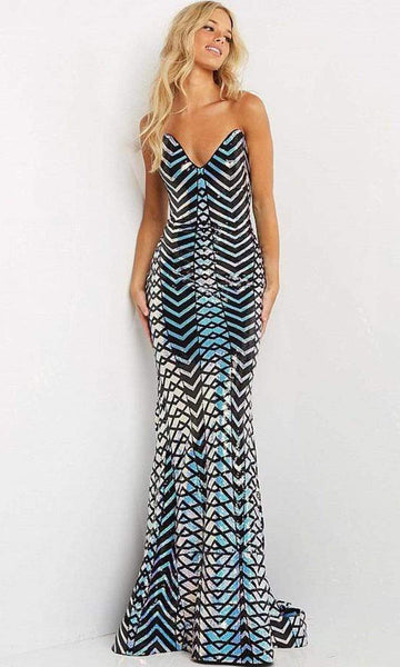 Tall Strapless Chevron Zig Zag Print Sequined Fitted Back Zipper Plunging Neck Sweetheart Natural Waistline Floor Length Sheath Metallic Sheath Dress/Evening Dress with a Brush/Sweep Train