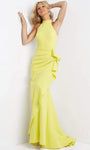 Fit-and-Flare Mermaid Fitted Sleeveless Natural Waistline Halter Dress with a Brush/Sweep Train With Ruffles