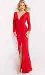 Sexy V-neck Natural Waistline Floor Length Long Sleeves Back Zipper Ruched Slit Gathered Beaded Sheath Plunging Neck Sheath Dress/Evening Dress/Mother-of-the-Bride Dress