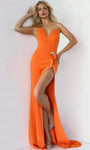 Sexy V-neck Strapless Beaded Open-Back Slit Fitted Crystal Sheer Hidden Back Zipper Natural Waistline Sheath Plunging Neck Sheath Dress/Prom Dress with a Brush/Sweep Train With Ruffles