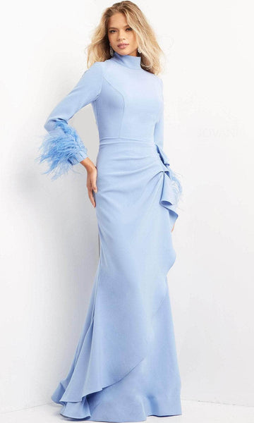 High-Neck Floor Length Long Sleeves Draped Wrap Fitted Mermaid Natural Waistline Mother-of-the-Bride Dress with a Brush/Sweep Train With Ruffles