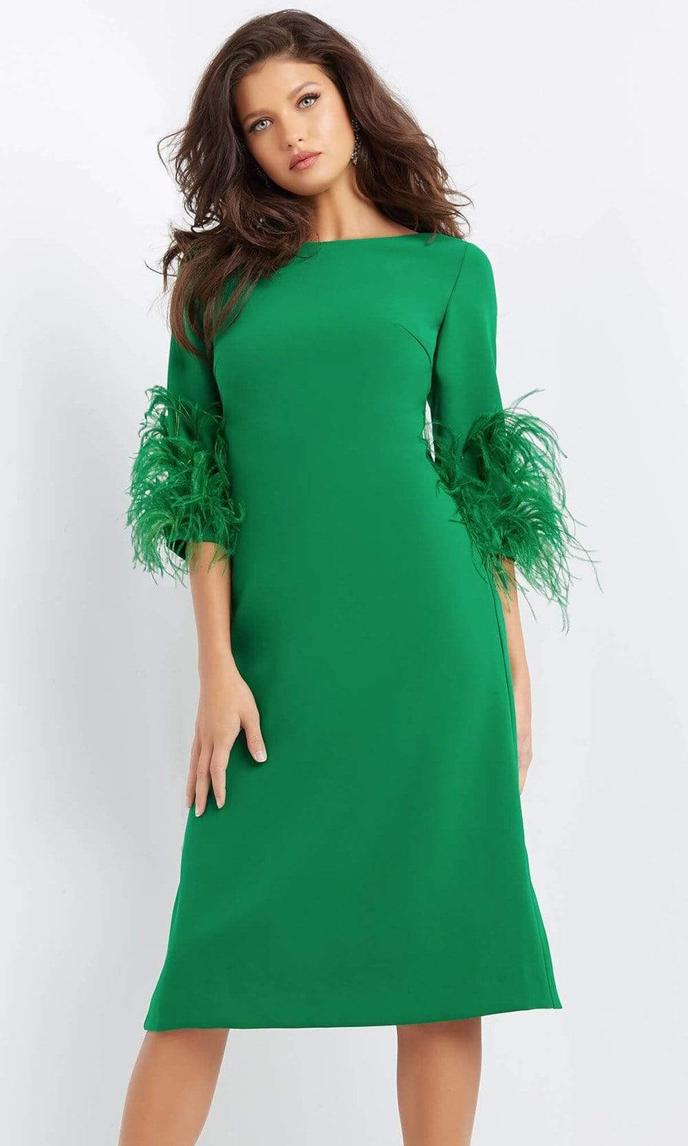 Jovani - 07341 Feather Fringed Quarter Sleeve Dress
