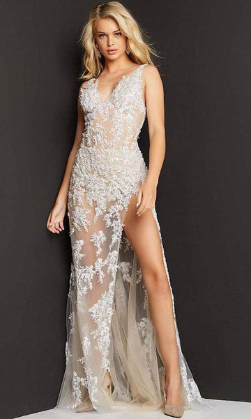 Sexy V-neck Slit Back Zipper Fitted V Back Beaded Sheer Lace Natural Waistline Plunging Neck Sleeveless Floor Length Sheath Sheath Dress/Evening Dress with a Brush/Sweep Train