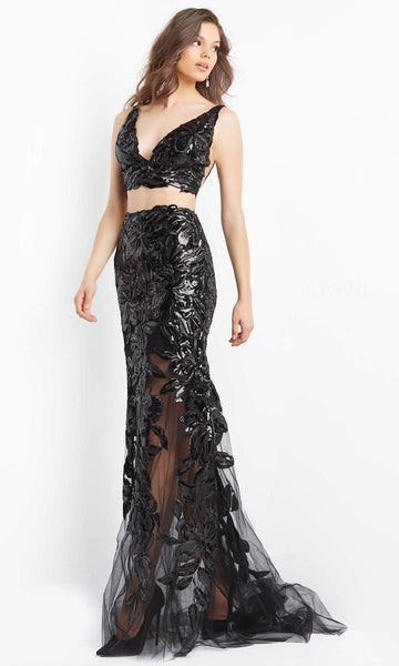 Sexy Sophisticated V-neck Strapless Floral Print Halter Plunging Neck Sleeveless Lace Mermaid Natural Waistline V Back Sequined Sheer Beaded Floor Length Prom Dress with a Brush/Sweep Train