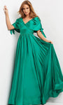 A-line V-neck Cap Flutter Sleeves Gathered Draped Open-Back Ruched Pleated Empire Waistline Evening Dress with a Brush/Sweep Train With a Bow(s)