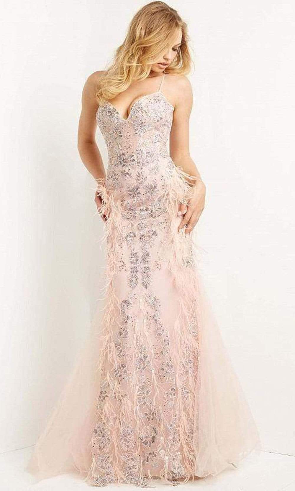 Jovani - 07514 Floral Feather-Appliques Trumpet Gown
