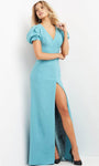 V-neck Puff Sleeves Sleeves Floor Length Short Goddess Slit Fitted Mermaid Natural Waistline Evening Dress with a Brush/Sweep Train