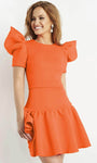 A-line Crepe Jeweled Neck Natural Waistline Fitted Back Zipper Puff Sleeves Short Sleeves Sleeves Cocktail Short Party Dress