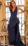 V-neck Plunging Neck Sleeveless Back Zipper Draped Fitted Tiered V Back Natural Princess Seams Waistline Jumpsuit with a Brush/Sweep Train