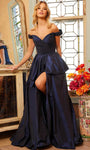 Tall Sophisticated Sweetheart Off the Shoulder Floor Length Open-Back Ruched Back Zipper Slit Natural Waistline Dress with a Brush/Sweep Train