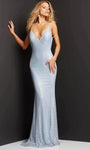 Tall V-neck Sheath Open-Back Wrap Backless Mesh Ruched Spaghetti Strap Plunging Neck Natural Waistline Metallic Sheath Dress/Prom Dress with a Brush/Sweep Train