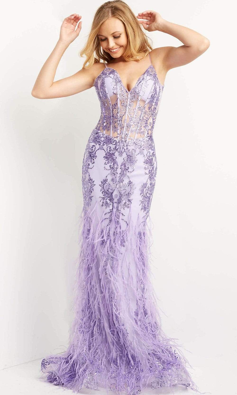 Jovani - 08141 Feather Accented Corset Gown
