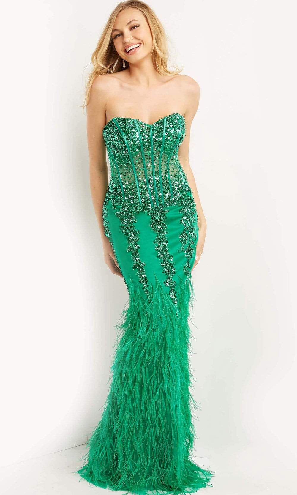 Jovani - 08142 Strapless Corset Feather Gown
