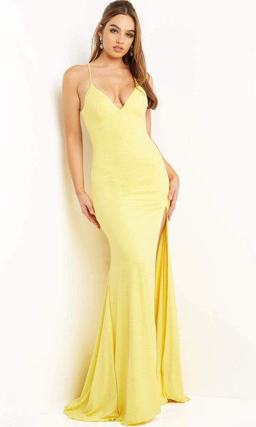 V-neck Spaghetti Strap Plunging Neck Mermaid Fitted Glittering Lace-Up Slit Natural Waistline Dress with a Brush/Sweep Train