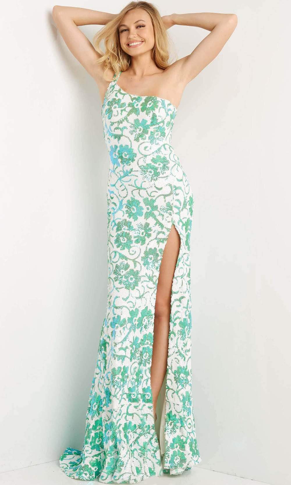 Jovani - 08256 Floral Sequin Asymmetrical Plus Size Prom Sheath Gown
