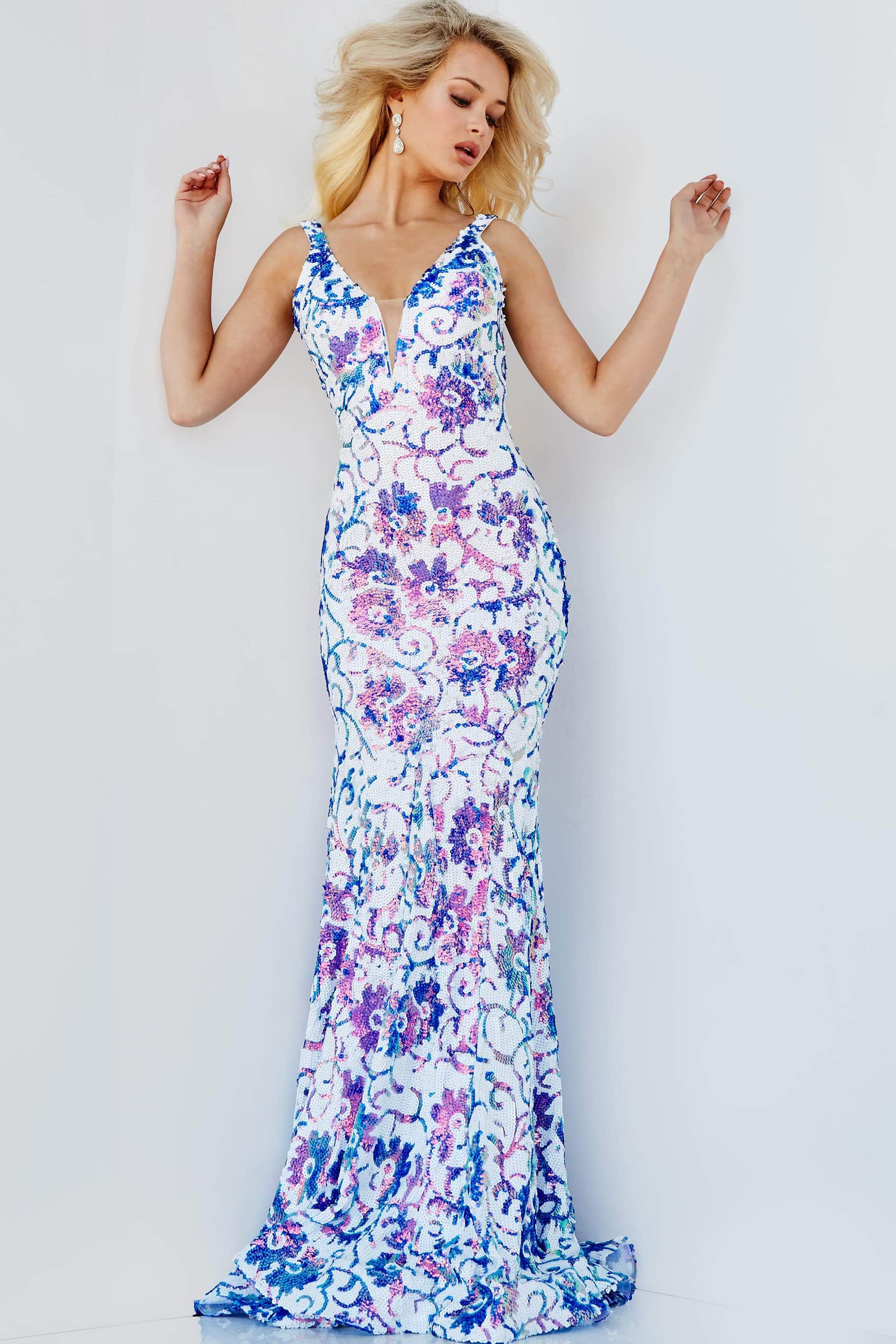 Jovani - 08257 Sleeveless Floral Sequin Long Gown
