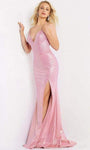Tall Sexy V-neck Plunging Neck Slit Fitted Open-Back Lace-Up Beaded Sheath Sleeveless Spaghetti Strap Natural Waistline Floor Length Metallic Sheath Dress with a Brush/Sweep Train