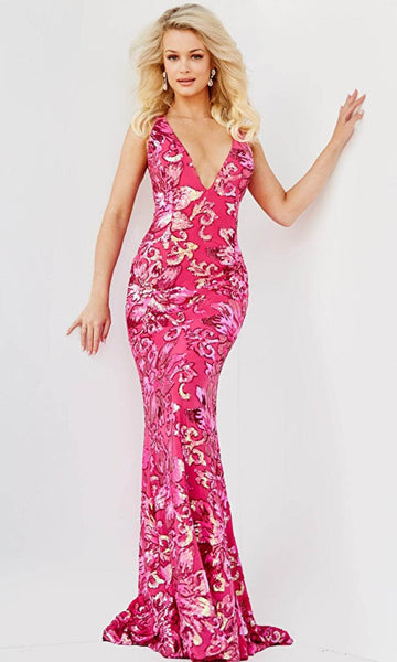 V-neck Sheath Back Zipper Sequined Self Tie Lace-Up Spaghetti Strap Natural Waistline Floral Print Sheath Dress/Evening Dress with a Brush/Sweep Train