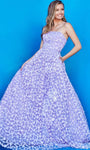 A-line Strapless Pocketed Lace-Up Applique Floral Print Corset Waistline Prom Dress with a Brush/Sweep Train by Jovani