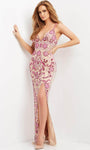 Sexy V-neck Sleeveless Spaghetti Strap Floor Length Natural Waistline Sheath Floral Print Beaded Slit Open-Back Lace-Up Back Zipper Fitted Sheath Dress/Evening Dress with a Brush/Sweep Train