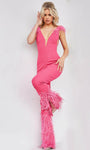 V-neck Sleeveless Plunging Neck Floor Length Natural Waistline Glittering Back Zipper Cutout Mesh Fitted Jersey Jumpsuit