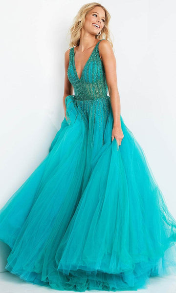 V-neck Sleeveless Tulle Plunging Neck Natural Waistline Beaded Open-Back Sheer Back Zipper Prom Dress with a Brush/Sweep Train