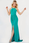 Backless Keyhole Cutout Ruched Slit Jersey Natural Waistline Halter Sheath Sheath Dress/Prom Dress with a Brush/Sweep Train