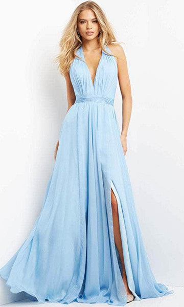 Plus Size A-line Sleeveless Halter Plunging Neck Back Zipper Open-Back Flowy Slit Pleated Fitted Ruched Elasticized Empire Waistline Floor Length Prom Dress with a Brush/Sweep Train