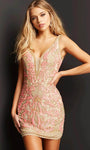 Sexy V-neck Mesh Beaded Open-Back Plunging Neck Natural Waistline Sleeveless Sheath Short Sheath Dress