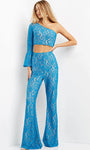 Sexy Sophisticated Strapless Bell Long Sleeves One Shoulder Halter Natural Waistline Floor Length Back Zipper Fitted Beaded Asymmetric Jumpsuit