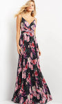 A-line V-neck Floral Print Sleeveless Spaghetti Strap Natural Waistline Pleated Ruched V Back Open-Back Back Zipper Evening Dress