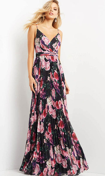 A-line V-neck Open-Back Back Zipper V Back Ruched Pleated Sleeveless Spaghetti Strap Natural Waistline Floral Print Evening Dress