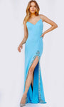 V-neck Sheath Spaghetti Strap Open-Back Slit Jeweled Beaded Natural Waistline Sheath Dress/Prom Dress with a Brush/Sweep Train